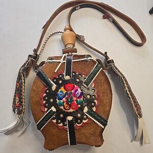 Vintage Hungarian Leather Flask Kulacs Folk‎ Art Handcrafted Bottle Embroidered